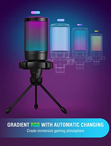 Gaming USB Microphone for PC PS5, FIFINE Condenser Mic with Quick Mute, RGB Indicator, Tripod Stand, Pop Filter, Shock Mount, Gain Control for Streaming Discord Twitch Podcasts Videos- AmpliGame