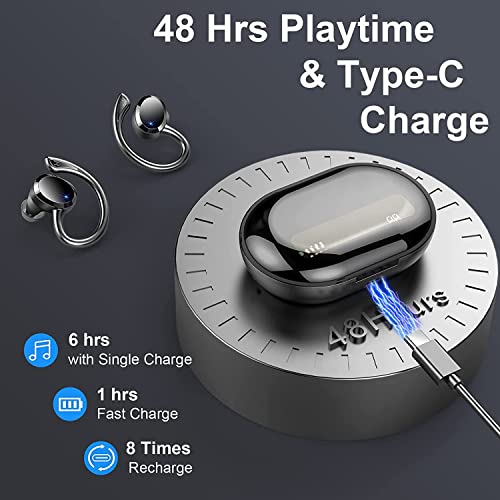 Wireless Earbud, Sport Bluetooth 5.1 Headphones with Earhooks Wireless Earphones in-Ear with Immersive Sound, Bluetooth Earbud IP7 Waterproof, Noise Cancelling, Dual LED Display, 48H Playtime, Running