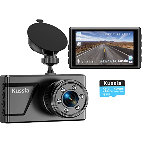 Dash Cam with 32GB SD Card, Kussla 1920P Dash Camera for Cars, Super Night Vision 6 IR Light, 170° Wide Angle Dashcam, 3inch Dashboard, Loop Recording, WDR, G-Sensor, Parking Monitor, Motion Detection