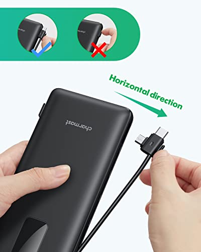 Portable Charger with Built-in Cables, Charmast 10000mah Power Bank, 5 Output Ultra Slim LED Display, Built-in AC Plug, USB C & Micro, Three Cables Integrated Battery Pack for iPhone Samsung iPad
