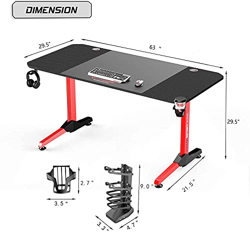 Vitesse Gaming Desk, Gaming Computer Desk, PC Gaming Table, T Shaped Racing Style Professional Gamer Game Station with Large Mouse pad, USB Gaming Handle Rack, Cup Holder and Headphone Hook (Red)