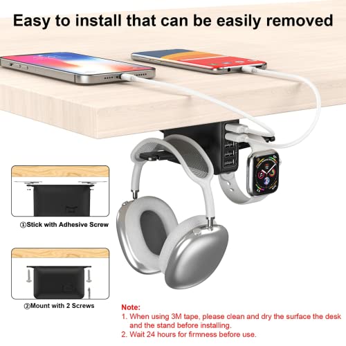 PC Gaming Headphone Headset Hook Hanger Holder Stand Mount, HORUMP Dual Headset Holder Under Desk with 5 Ports USB Charging Station, Headphone Stand with Cable Clip Organizer