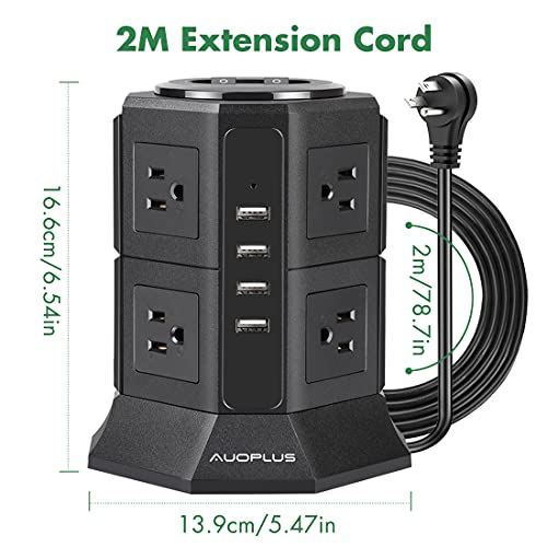 Power Strip Tower Surge Protector with USB, AUOPLUS Desktop Charging Station, 6.6 Ft Extension Cord, 8 Outlets with 4 USB Ports[1050J/1250W/10A], Overload Protection for Home Office Dorm