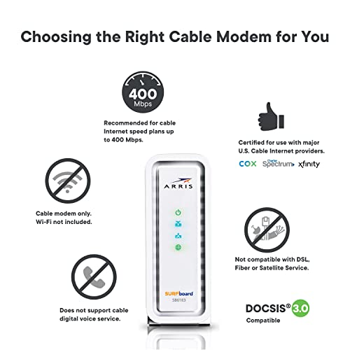 ARRIS SURFboard SB6183-RB DOCSIS 3.0 16x4 Cable Modem| Approved on Xfinity, Cox, Spectrum and most Docsis Cable Internet Providers| Plans up to 400 Mbps