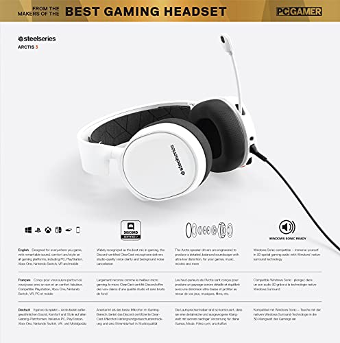 SteelSeries Arctis 3 - All-Platform Gaming Headset for PC - PlayStation 5 and PS4, Xbox One, Nintendo Switch, VR, Android and iOS - White