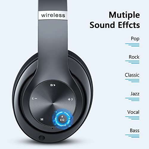 Bluetooth Headphones Over-Ear, 60 Hours Playtime Foldable Lightweight Wireless Headphones Hi-Fi Stereo with 6 EQ Modes, Bass Adjustable Headset with Built-in HD Mic, FM, SD/TF for PC/Home (Black)