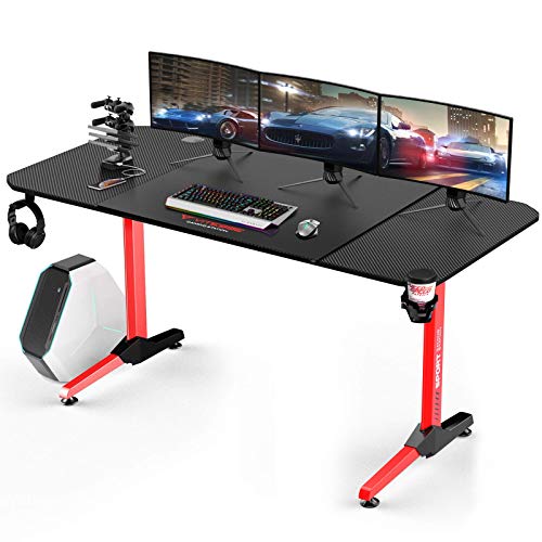 Vitesse Gaming Desk, Gaming Computer Desk, PC Gaming Table, T Shaped Racing Style Professional Gamer Game Station with Large Mouse pad, USB Gaming Handle Rack, Cup Holder and Headphone Hook (Red)