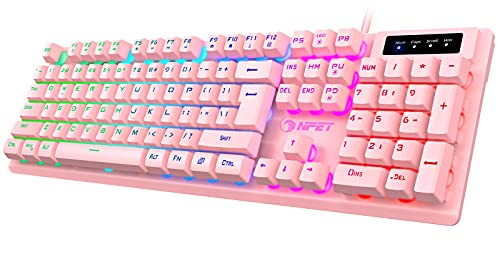 NPET K10 Gaming Keyboard, LED Backlit, Spill-Resistant Design, Multimedia Keys, Quiet Silent USB Membrane Keyboard for Desktop, Computer, PC (Pink)