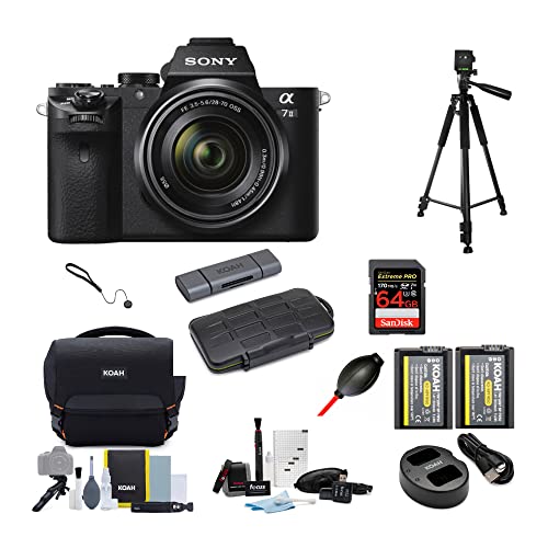 Sony Alpha a7II Mirrorless Digital Camera with 28-70mm Lens, 60-Inch Tripod, Bag, 64GB SD Card, Battery and Dual Charger, Accessories, Case, Dust Blower and Lens Cap Keeper Bundle (9 items)