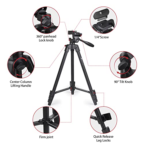 HPUSN Phone Tripod 55-inch Extendable and Lightweight Aluminum Tripod Stand Cell Phone Mount Holder, Wireless Remote, Portable Travel Tripod for Photography, Video Recording, Vlogging