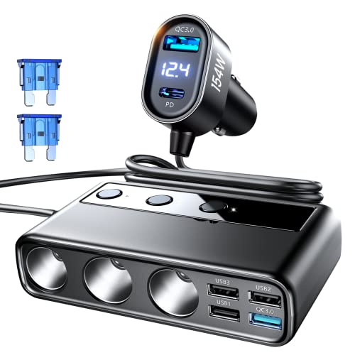 Car Charger Cigarette Lighter Splitter: Joyroom 154W 3 Socket Cigarette Lighter Adapter with PD/Dual QC 3.0 Ports, Separate Switch LED Voltage Display Car Charger Adapter for All Phones & Car Devices