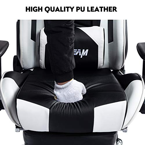 KCREAM Gaming Chair with Footrest Adults Gamer Chair High Back PU Leather Gaming Computer Chair Large Racing Game Chair, with Adjustable Armrests and Massage Lumbar Support (White)