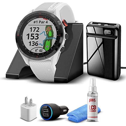 Garmin Approach S62 GPS Golf Watch (Black Bezel/White Band) + Charging Base + USB Wall Cube + USB Car Adapter + 6Ave Cleaning Kit w/Virtual Caddie Mapping (Bundle) (010-02200-01)