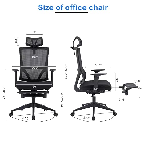 Ergonomic Office Chair, Computer Desk Chair with Adjustable Headrest, Lumbar Support and footrest, Tilt Function and Blade Wheels Mesh, Computer Chair, Gaming Chairs, Executive Swivel Chair