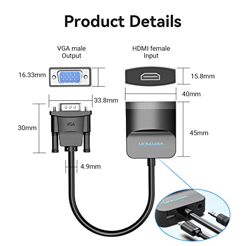 VGA to HDMI Adapter with Audio, (PC VGA Source Output to TV/Monitor with HDMI Connector),VENTION 1080P VGA to HDMI Converter Male to Female Cable for Computer, Desktop, Laptop, PC, Monitor, HDTV 0.5FT