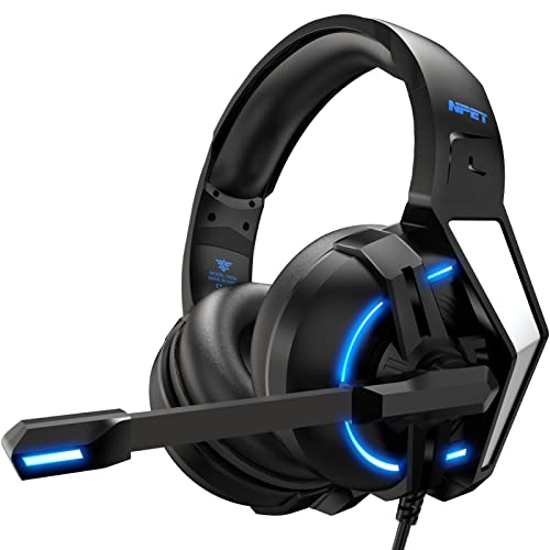 NPET HS50 Stereo Gaming Headset for PS4 PC Xbox One PS5 Controller, Noise Cancelling Over Ear Headphones with Mic,LED Light, Bass Surround, Soft Memory Earmuffs for Laptop Mac Nintendo NES Games