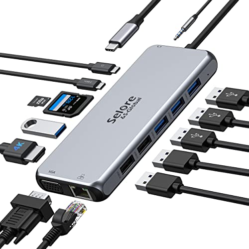 USB C Docking Station, 14 in 1 Laptop Docking Station, Dongle Multiport Adapter USB Type C Hub with 4K HDMI, USB-C Date, 6 USB, SD/TF, 3.5mm Audio/Mic for Dell/Surface/HP/Lenovo/MacBook