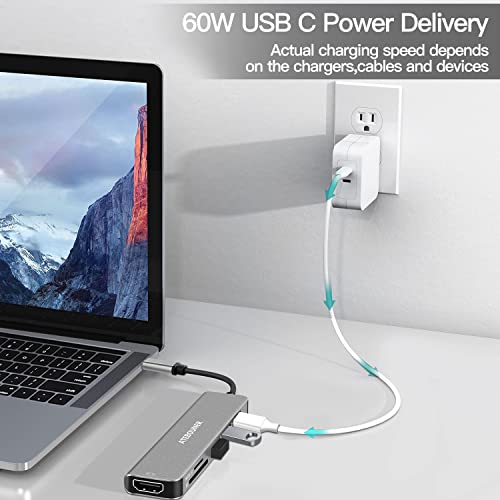 ATEBOUNER USB C Hub,6 in 1 USB C to HDMI Multiport Adapter with 4K HDMI, USB 3.0 / USB 2.0,USB C 100W PD Charging and Micro SD/SD Card Reader for MacBook, iPad Pro, XPS, Samsung Phones and More
