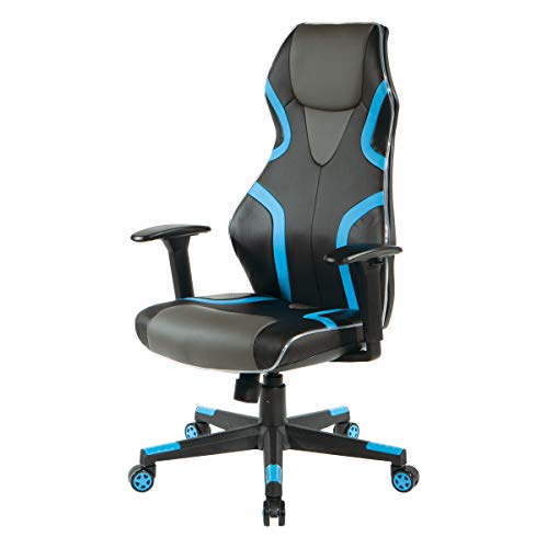 OSP Home Furnishings Rogue High-Back LED Lit Gaming Chair, Black Faux Leather With Blue Trim and Accents