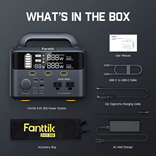 Fanttik EVO 300 Portable Power Station, 299Wh Backup Power Supply, Real-Time Monitoring, 2 AC 110V/300W(Peak 600W) Pure Sine Wave Outlets, for Outdoors Camping Travel Hunting RV Emergency