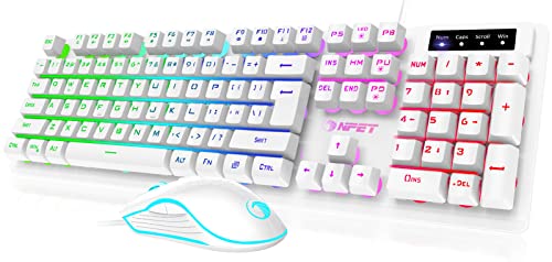 NPET S20 Wired Gaming Keyboard and Mouse Combo, LED Backlit Quiet Ergonomic Mechanical Feeling Keyboard, Gaming Mouse 6400 DPI, for Desktop, Computer, PC, White
