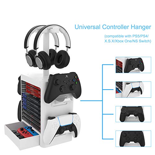 EJGAME Multifunctional Game Disk Storage Tower Holder for PS5,Game Disk Rack and Controller/Headset Stand Holder Compatible with Xbox Series X/Nintendo Switch/PS4-White