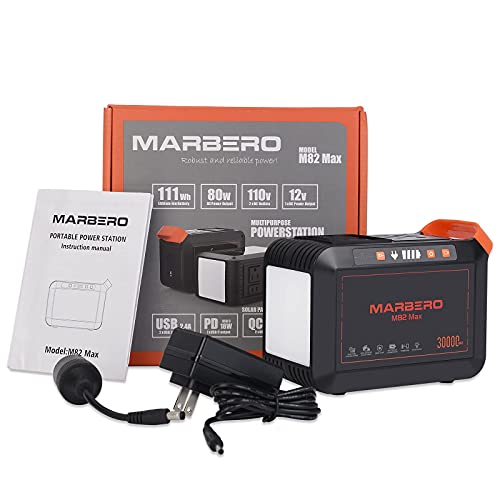 MARBERO Portable Power Station 111Wh Camping Lithium Battery Power Supply 30000mAh with 110V/80W(Peak 120W) AC Outlet, USB QC3.0, LED Flashlights for CPAP Home Camping Emergency Backup