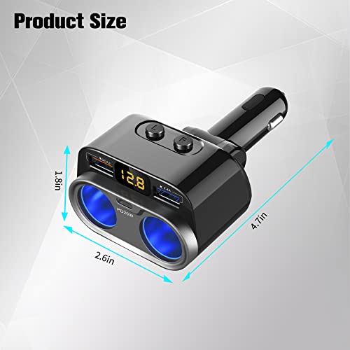 Amiss Car Cigarette Lighter Adapter, 150W/12V Electronic Front Splitter Sockets with PD/QC3.0 Dual USB C Fast Charge Ports, Phone Power Charger for Plug Outlet with Separate Switch LED Voltage Display