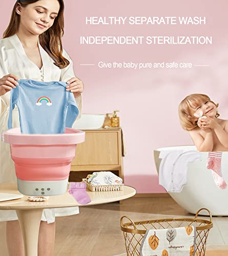 Portable Mini Folding Clothes Washing Machine for Baby Clothes/Underwear/Small Item,Lightweight Foldable Turbine Washers with Drain Basket for Home/Apartments/Travel,Pink