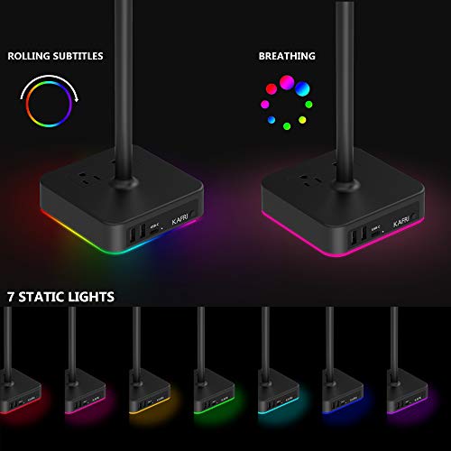 KAFRI RGB Headphone Stand with USB A&C Charger Desk Gaming Headset Holder Hanger Rack with 3 USB Charging Port and 2 Outlet - Suitable for Gamer Desktop Table Game Earphone Accessories Boyfriend Gifts