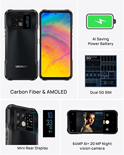 5G Rugged Smartphone DOOGEE V20 (2022) 8GB+256GB 6.43'' AMOLED DotDisplay 64MP+20MP Night Vision Camera Unlocked Cell Phone Android 11 33W Fast Charge 6000mAh Dual SIM IP68 Waterproof Smartphone NFC