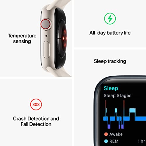 Apple Watch Series 8 [GPS + Cellular 45mm] Smart Watch w/ Silver Aluminum Case with White Sport Band - S/M. Fitness Tracker, Blood Oxygen & ECG Apps, Always-On Retina Display, Water Resistant