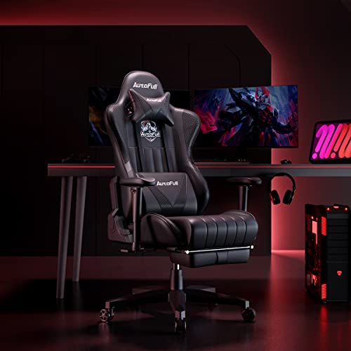 AutoFull Gaming Chair 5.1in Seat Cushion Ergonomic Gamer Chair with Lumbar Support Racing Style High Back PU Leather Computer Gaming Chair with Retractable Footrest,Black