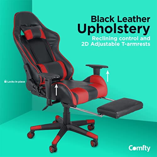 COMFTY Gaming Chair with Fold-Away Footrest, Height Adjustable Gamer Chair & Support Pillows and 2D T-Armrests Deluxe Leather Reclining Office Chair, Black/Red