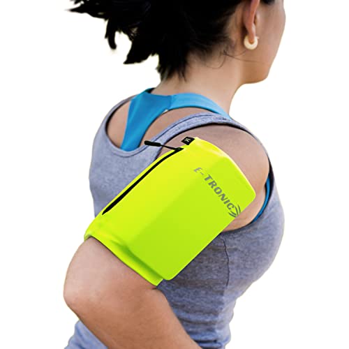 E Tronic Edge Phone Holder for Running, Cell Phone Arm Bands with Reflective Logo, Phone Strap Armband Fits iPhone and Android, Use for Running, Walking, Hiking and Biking, Neon, Small