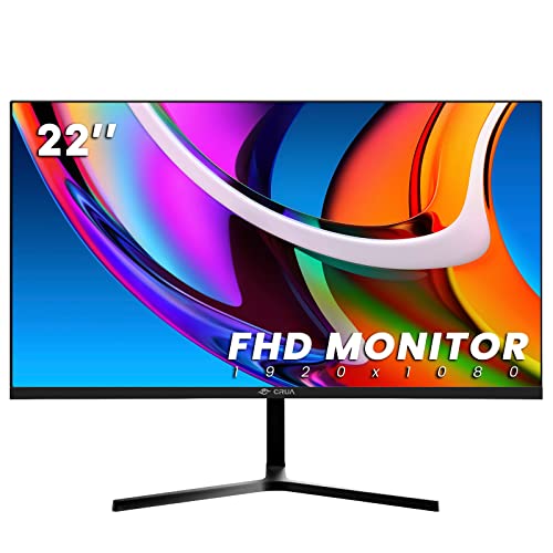 CRUA 22 Inch Computer Monitor, Full HD(1920x1080P) 75HZ VA Desktop Display, 3 Sides Zero Frame 178° Wide View Angle PC Monitor with Eye-Care Technology, Support VESA, VGA&HDMI Port-Black