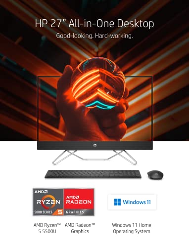 HP 27” All-in-One Desktop, AMD Ryzen 5 5500U, 16 GB RAM, 512 GB SSD, Full HD IPS Touchscreen, Windows 11 Home, 4 USB Ports, Privacy Camera, Dual Mics, Wireless Keyboard and Mouse (27-cb0060, 2021)