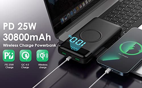 Wireless Portable Charger 30,800mAh 15W Wireless Charging 25W PD QC4.0 Fast Charging Smart LED Display USB-C Power Bank, 4 Output & 2 Input External Battery Pack Compatible with iPhone, Samsung, iPad