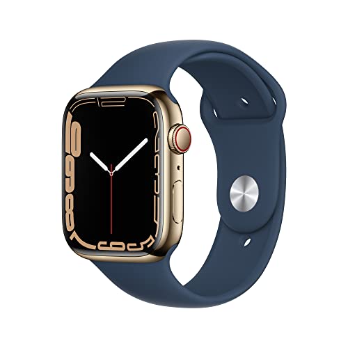 Apple Watch Series 7 [GPS + Cellular 45mm] Smart Watch w/ Gold Stainless Steel Case with Abyss Blue Sport Band. Fitness Tracker, Blood Oxygen & ECG Apps, Always-On Retina Display, Water Resistant - AOP3 EVERY THING TECH 