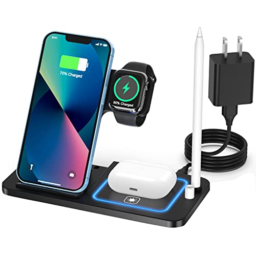 Wireless Charging Station for Apple Multiple Devices - 4 in 1 Charger Station Stand Dock for Apple Watch Series 7 6 SE 5 4 3 2 & Airpods Apple Pencil iPhone 13 12 11 Pro X XR 8 iwatch with Adapter