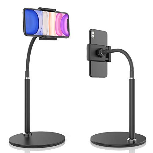 Cell Phone Stand, Adjustable Height & Angle Phone Holder Gooseneck Flexible Arm Universal Phone Stand for Desk, Aluminum Alloy Desktop Cell Phone Holder Compatible with 3.5"-6.5" Device (Black)