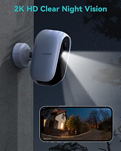 Security Cameras Wireless Outdoor, WUUK 2K HD Outdoor Security Cameras, Wireless Home Security System with 9600mah Battery Life, Motion Detection, Color Night Vision, 2 Way Audio, IP67,No Monthly Fee