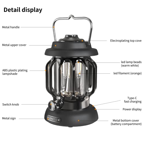 LEACCO Rechargeable Night Light,Camping Lantern Rechargeable,8-24h Runtime 5000 mAh,LED Lantern,Gift forBedroom, Christmas, Birthdays, Valentine's Day.