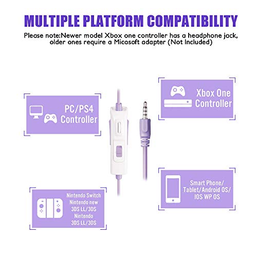 3.5mm PS4 Headset PC Gaming Headsets for New Xbox One - SUPSOO White Purple Wire Over Ear Headphone with Mic, Volume Control & Surround Sound for PS5, Laptop, Nintendo Switch, Phone, Tablet