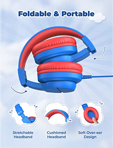 iClever HS19 Kids Headphones with Microphone for School, Volume Limiter 85/94dB, Over-Ear Girls Boys Headphones for Kids with Shareport, Foldable Wired Headphones for iPad/Fire Tablet/Travel, Blue