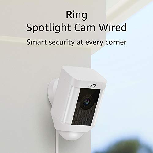 Ring Spotlight Cam Wired - Plugged-in HD security camera with built-in spotlights, two-way talk and a siren alarm, Works with Alexa - White