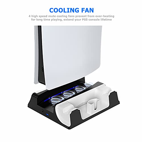 EJGAME PS5 Stand with Suction Cooling Fan and Dual Controller Charger Station Compatible with PS5 Console and PS5 Digital Edition, Built-in Headset Holder,Media Remote Stand and14 Game Rack Organizer