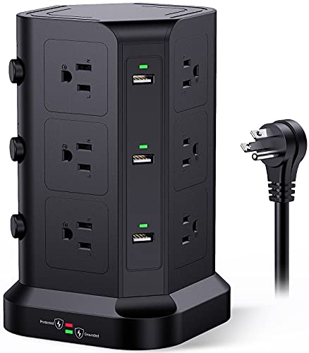 Power Strip Tower by KOOSLA, [15A 1500J] Surge Protector - 12 AC Multiple Outlets & 6 USB Ports, Flat Plug 14 AWG Heavy-Duty Extension Cord 6.5ft, Home Office Supplies, Dorm Room Essentials Black