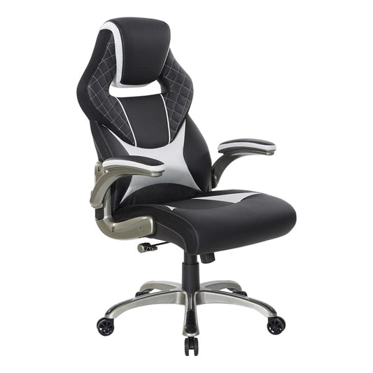 OSP Home Furnishings Oversite Ergonomic Adjustable High Back Faux Leather Gaming Chair with Thick Coil Spring Seat and Padded Flip Arms, White Accents