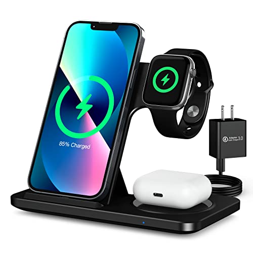 Wireless Charging Station for Apple Multiple Devices - Foldable 3 in 1 Charger Station Stand Dock for Apple Watch Series 7 6 SE 5 4 3 2 & Airpods iPhone 13 Pro Max 13 12 11 Pro X Max XS XR 8